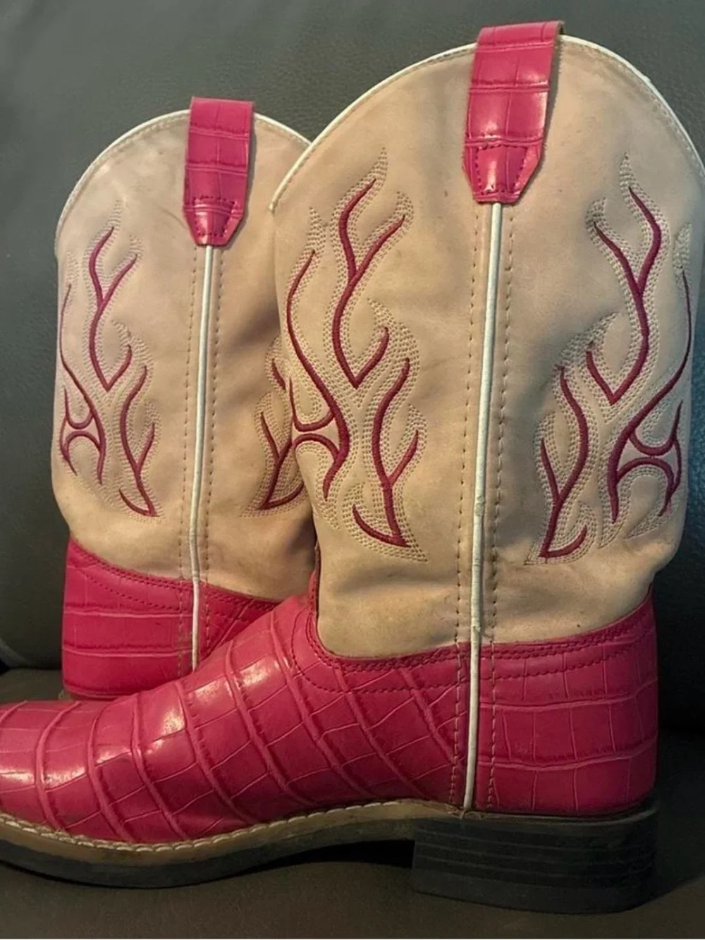 Old West Pink Croc-Effect & Cream Shaft Kids Cowgirl Boots